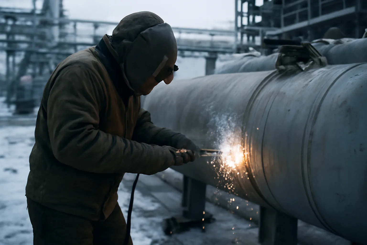 Boilermaker in cold-weather gear working on pressure vessels at an Alaska industrial site