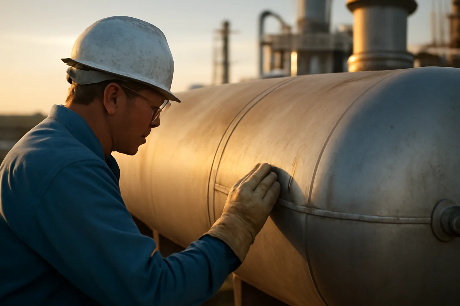 Worker inspects a welded pressure vessel at an Arizona plant