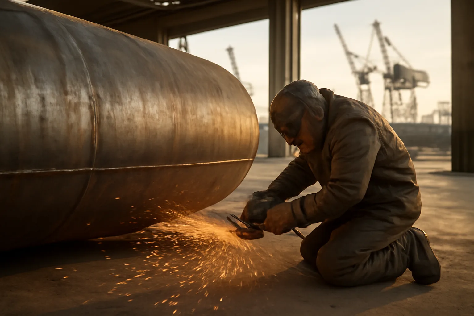 Boilermaker grinding a steel vessel in a California shop