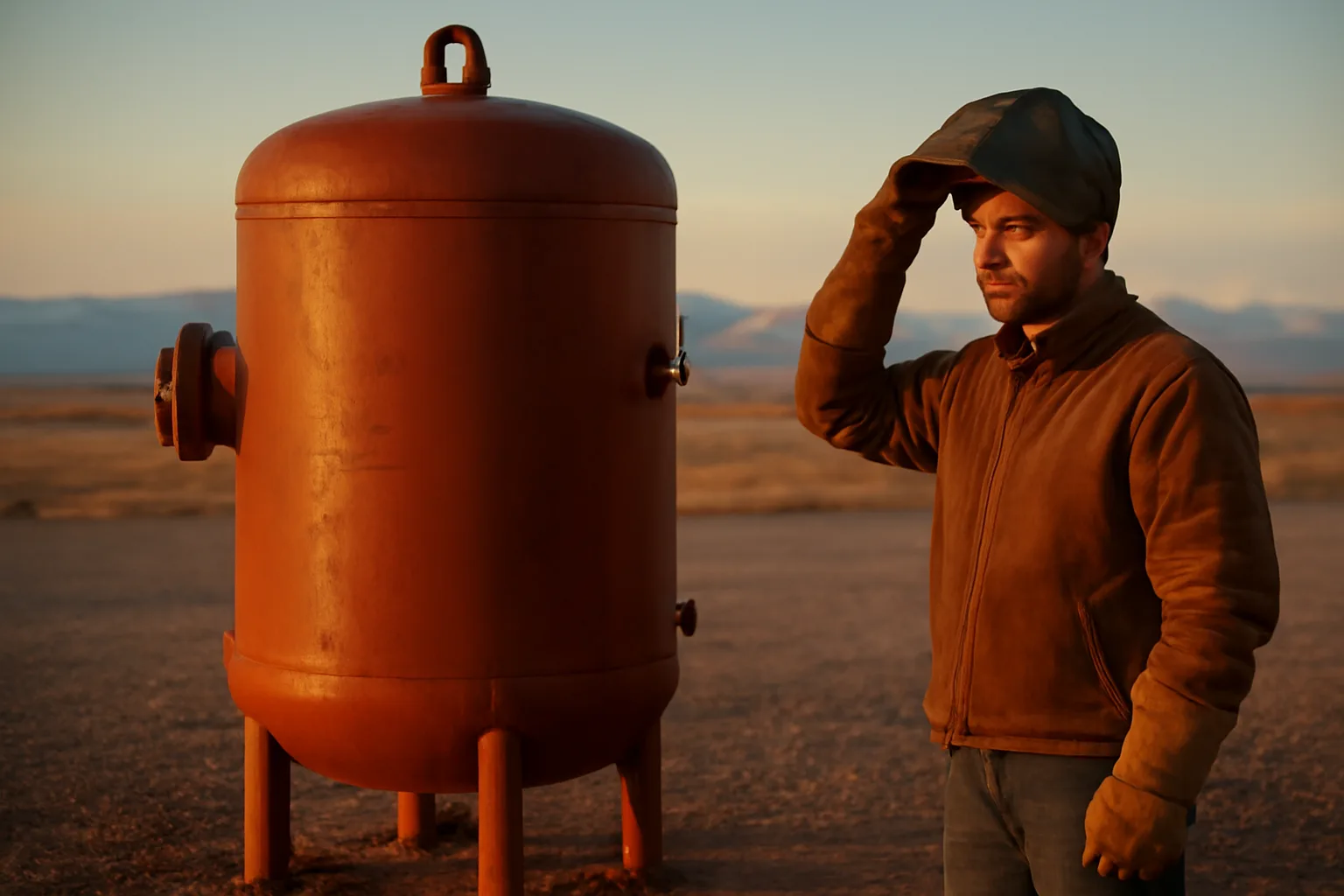 Boilermaker with helmet beside a pressure vessel in Colorado