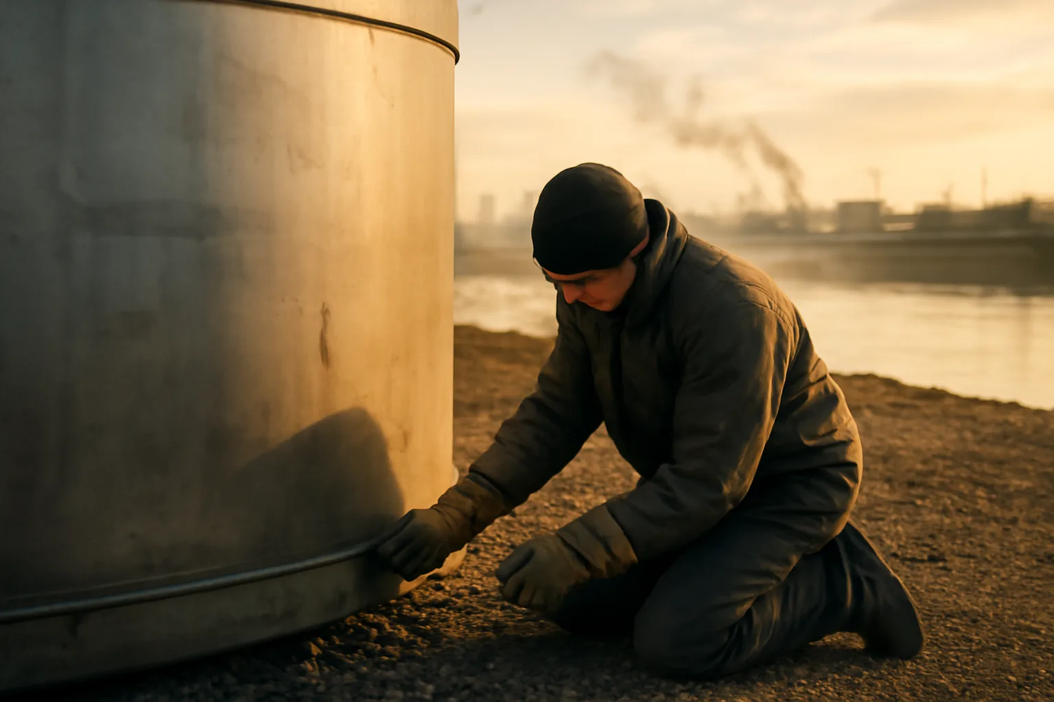 Worker fitting heavy steel on a Delaware industrial jobsite