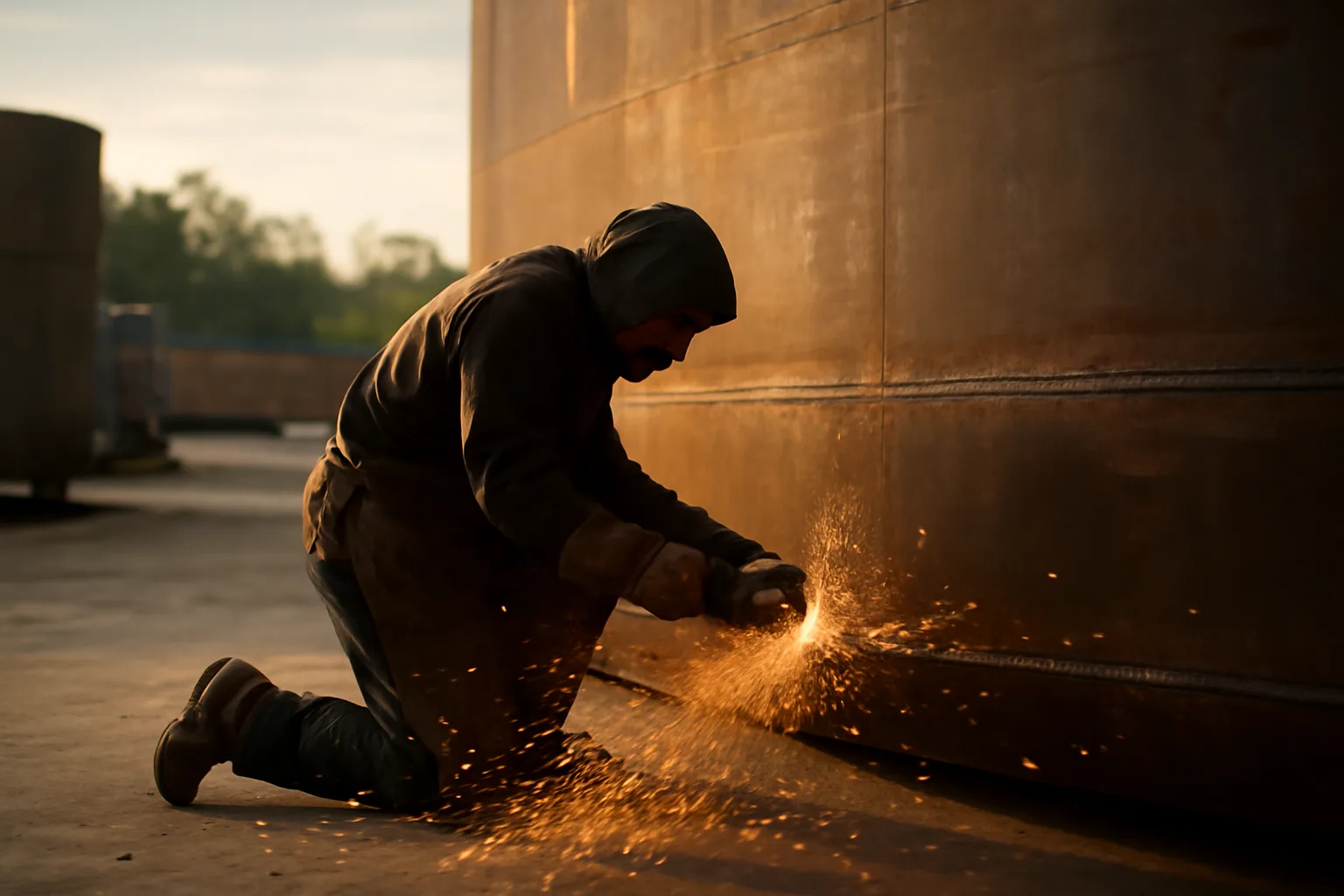 Boilermaker grinding a steel vessel in a Florida yard