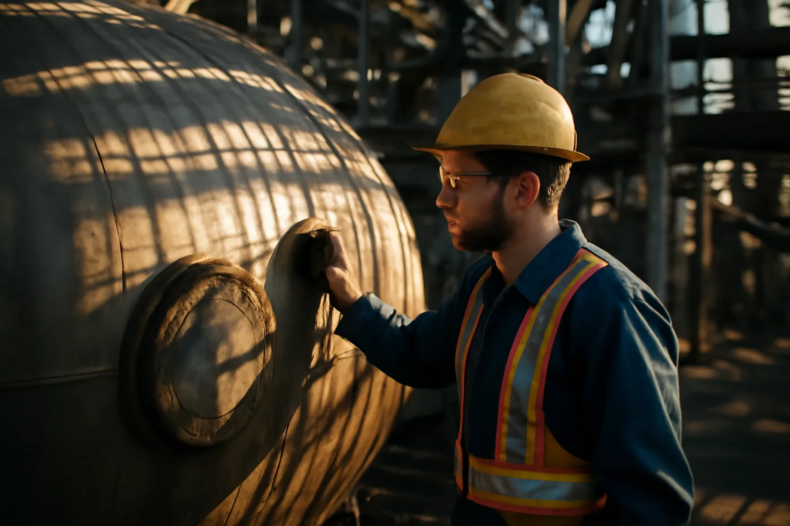 Boilermaker in hard hat and safety gear inspecting a large pressure vessel at an Alabama industrial plant