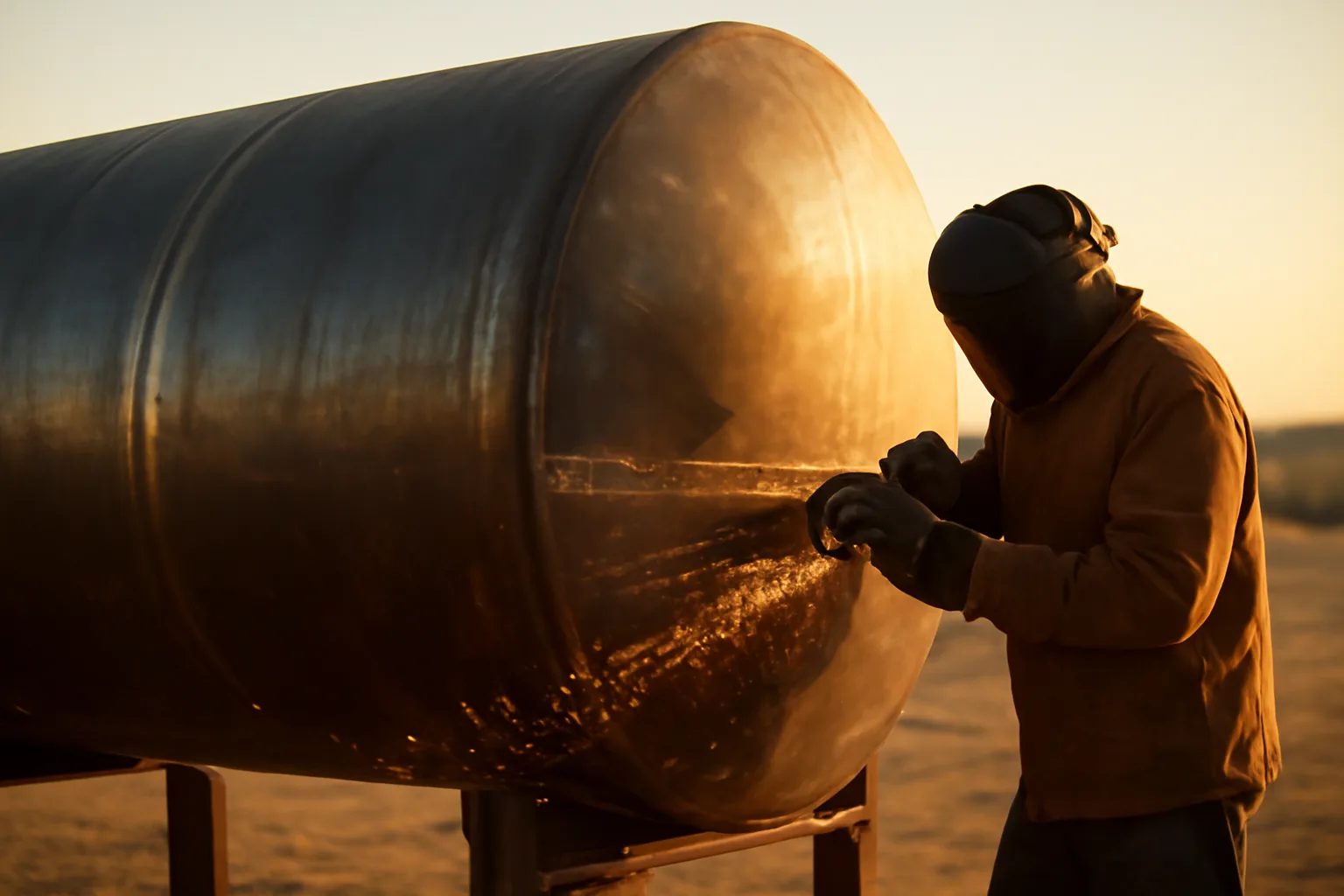 Boilermaker grinding a steel vessel weld at a Mesa Arizona yard