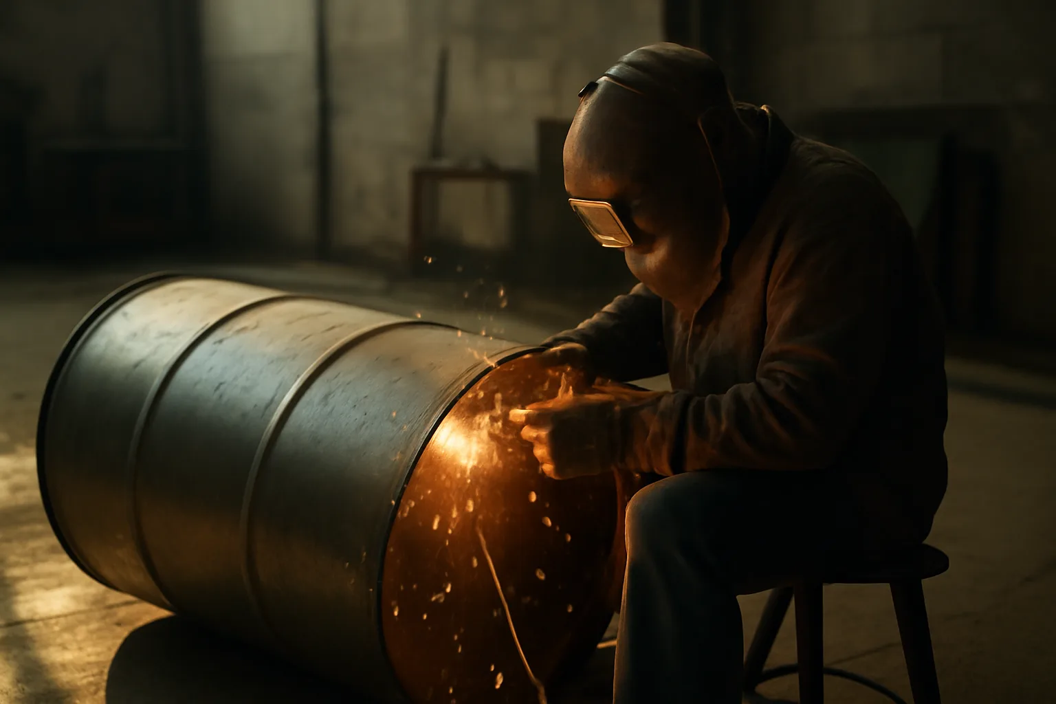 Boilermaker welding a steel vessel in a California shop