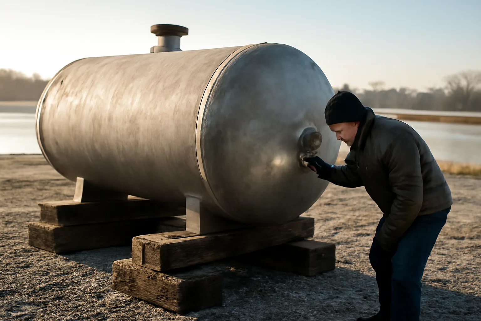 Boilermaker checks a steel drum weld at a Delaware river yard