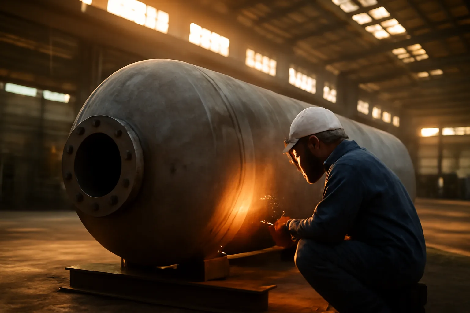 Welder working on a steel pressure vessel in a Florida shop