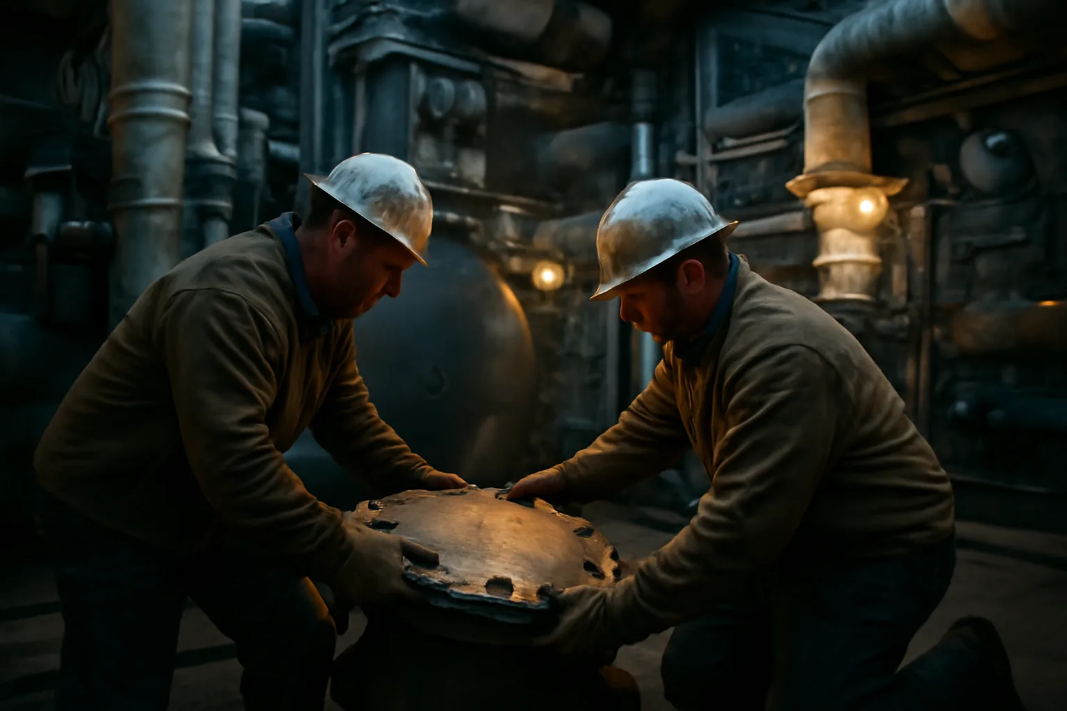 Two boilermakers align a boiler manway inside a Georgia plant
