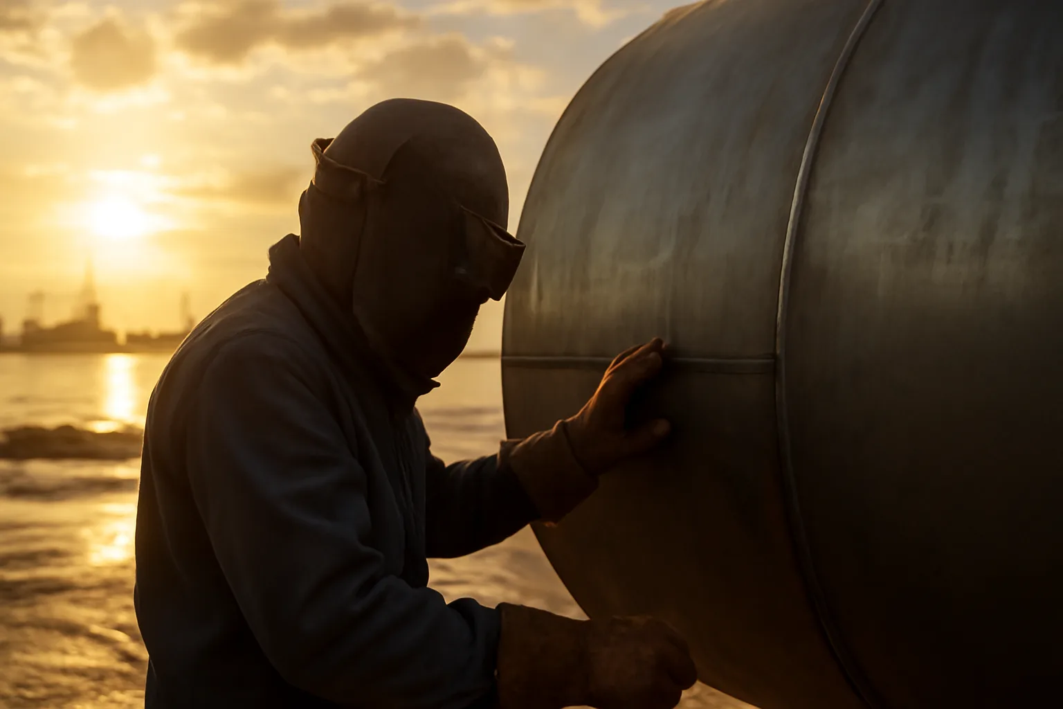 Boilermaker checking a steel vessel near Honolulu harbor