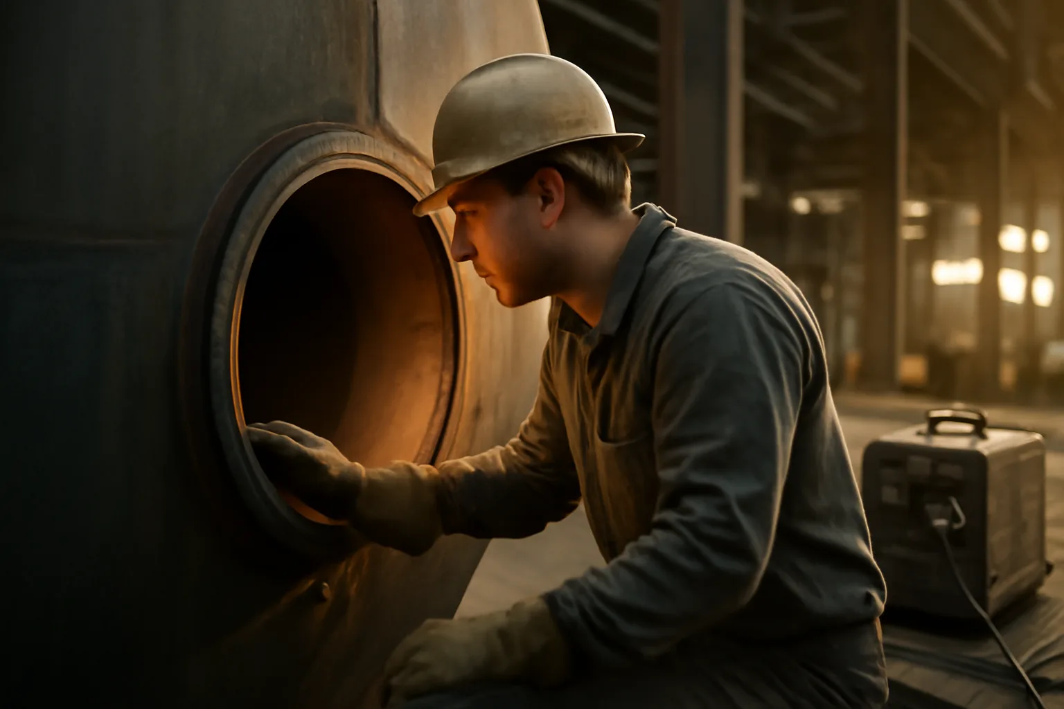 Boilermaker apprentice inspecting a steel pressure vessel interior at an Alabama industrial facility