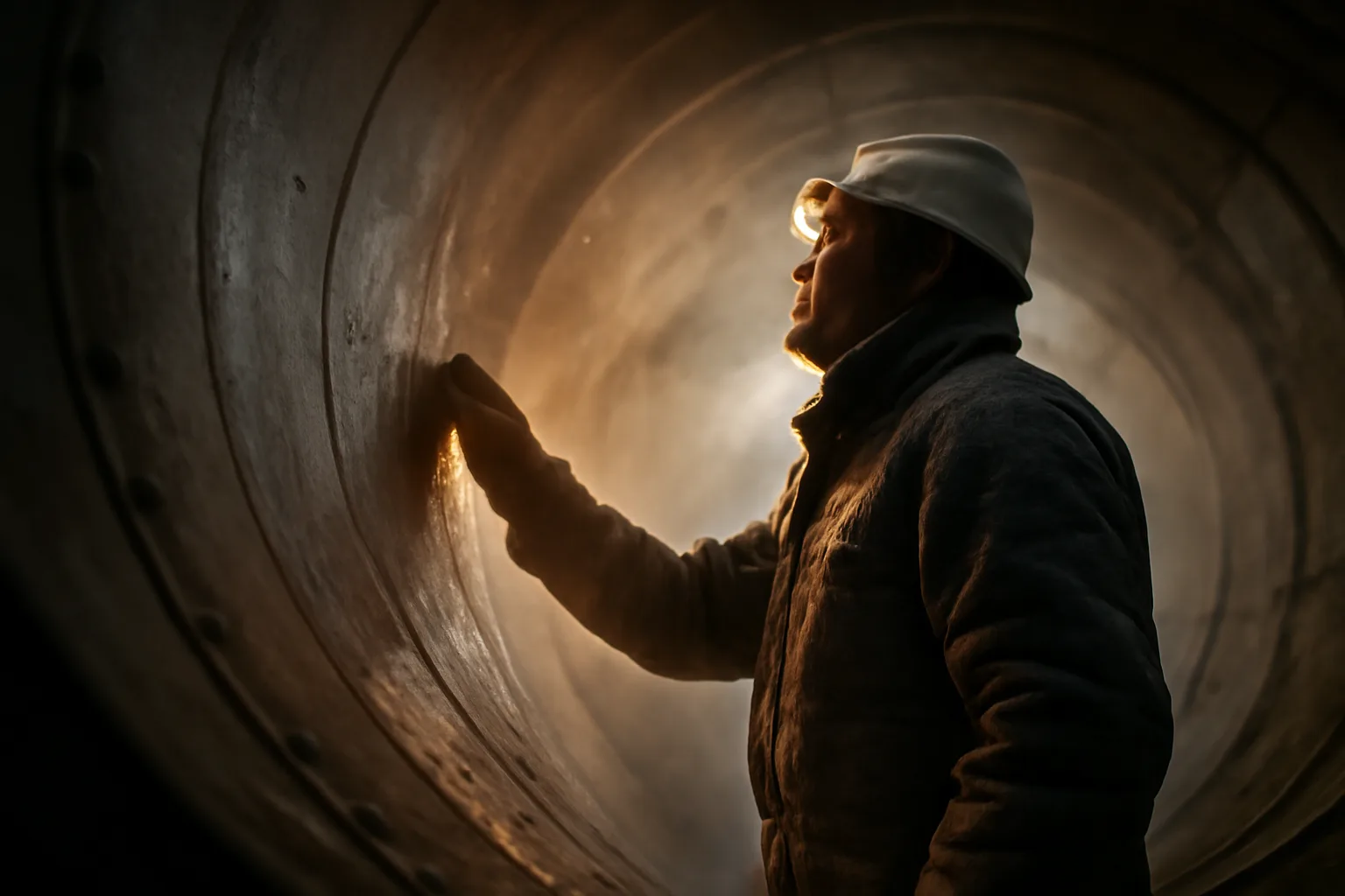 Boilermaker in insulated gear inspecting a large steel boiler interior in Alaska