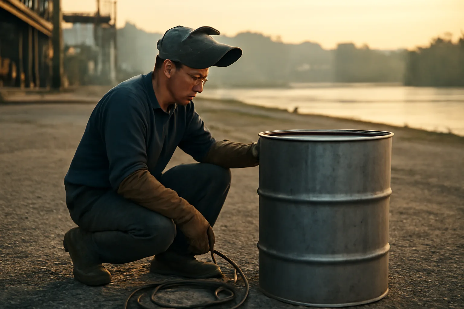 Welder in leathers beside a steel drum in an Arkansas industrial yard