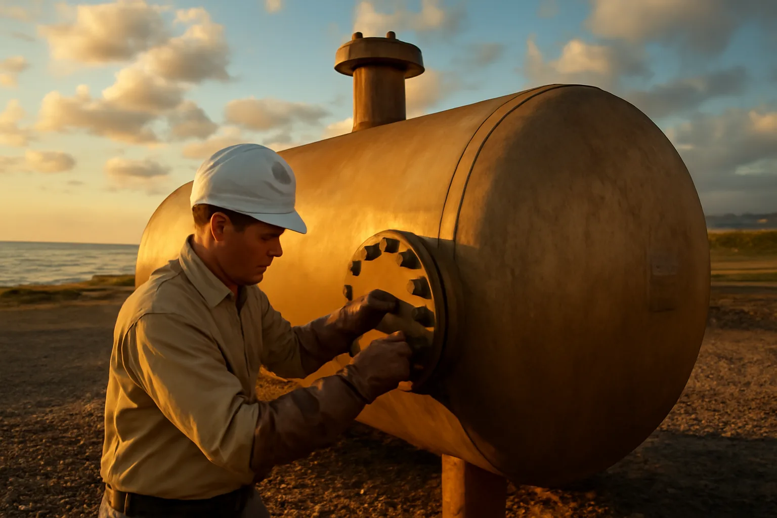 Boilermaker inspects a steel vessel on a Hawaii industrial shore