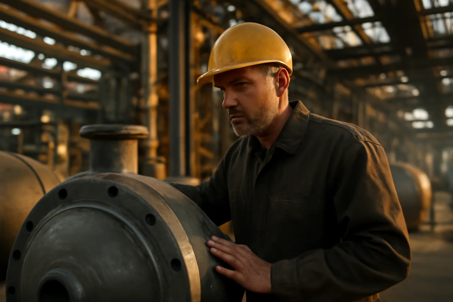 Boilermaker worker inspecting steel pressure vessel components inside an Alabama industrial facility