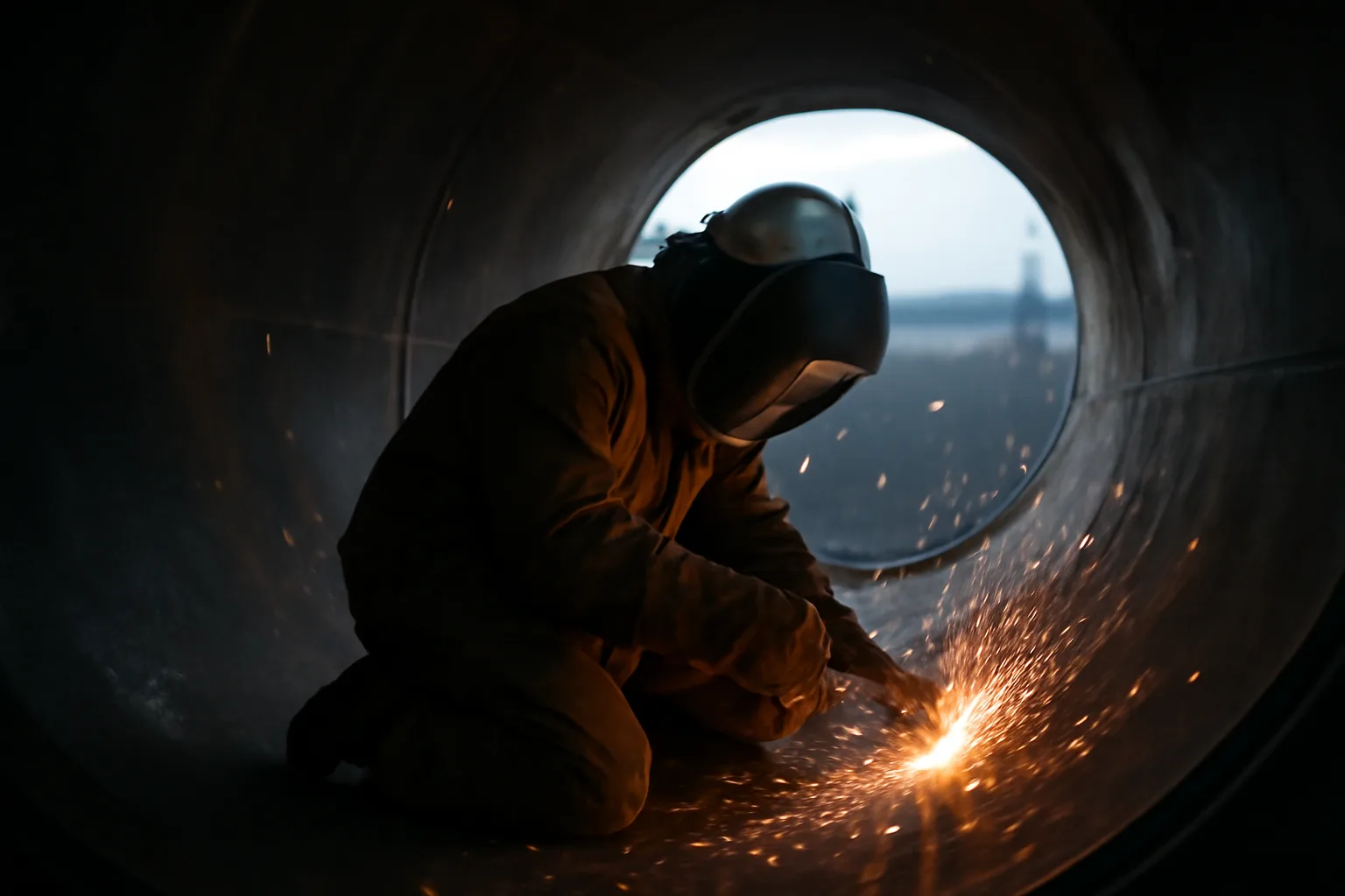 Boilermaker welding inside a pressure vessel at an Alaska refinery at dawn
