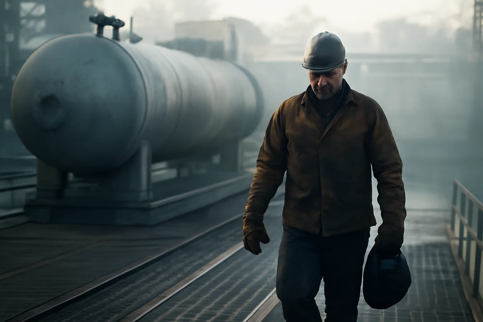 Boilermaker walking beside a vessel at an Arkansas plant at dawn