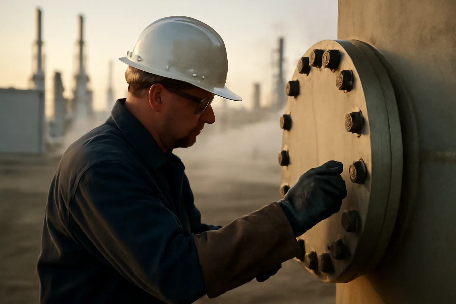 Boilermaker checking a steel vessel flange at a California plant