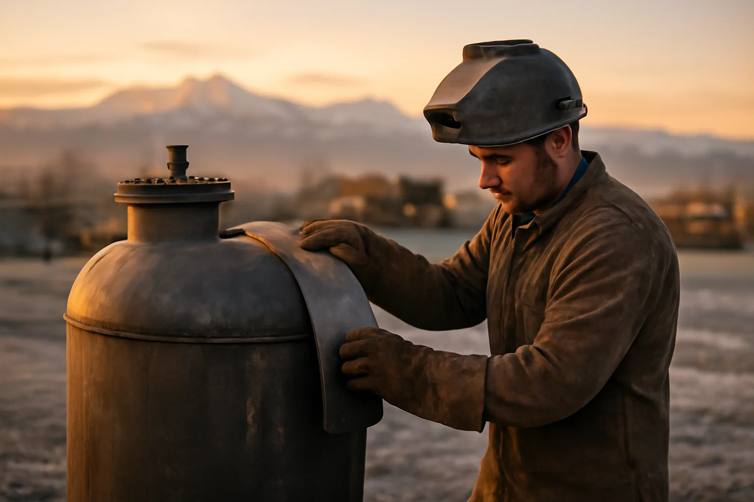 Boilermaker fitting steel plate on a vessel in Colorado morning light