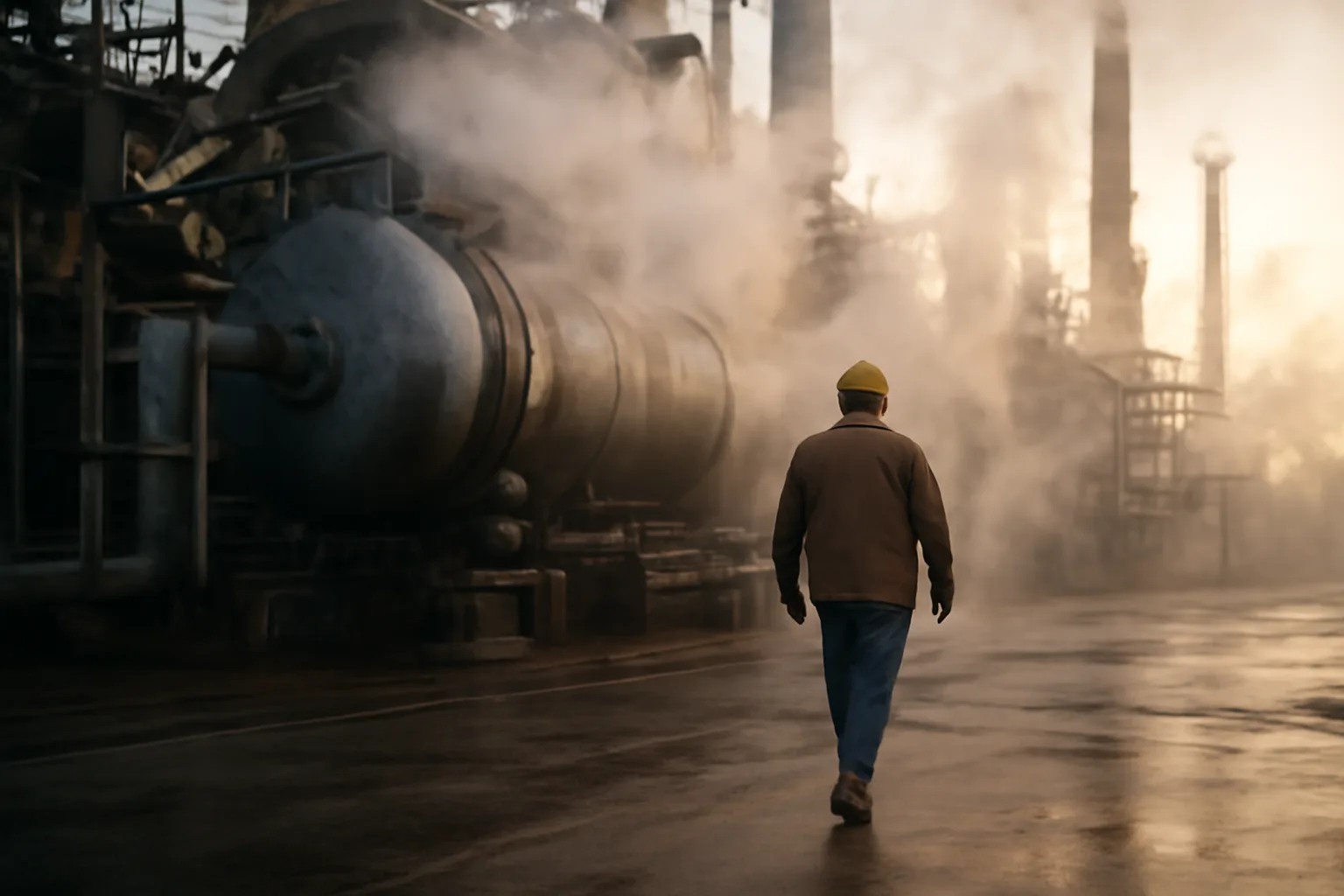 Boilermaker walking toward a Connecticut steam plant at dawn
