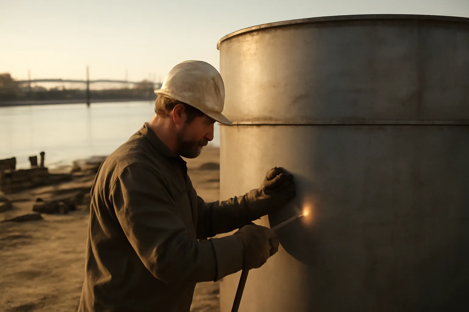 Boilermaker fitting a steel vessel in a Delaware river yard