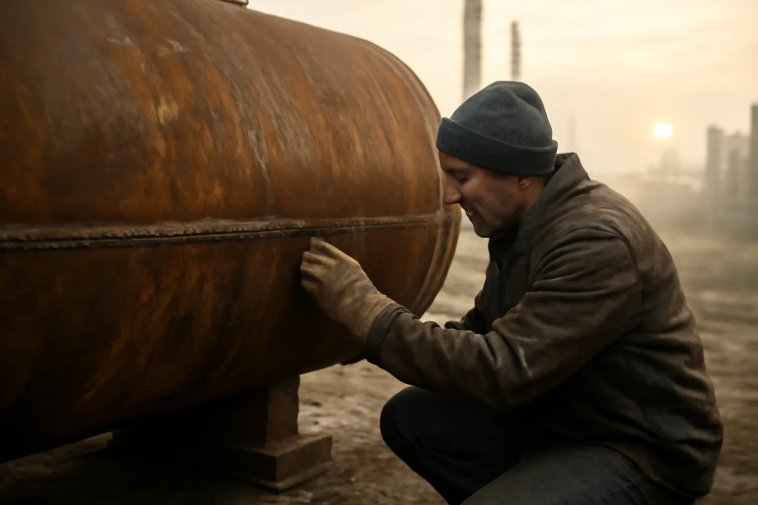 Boilermaker inspects a steam drum weld in humid Florida morning light