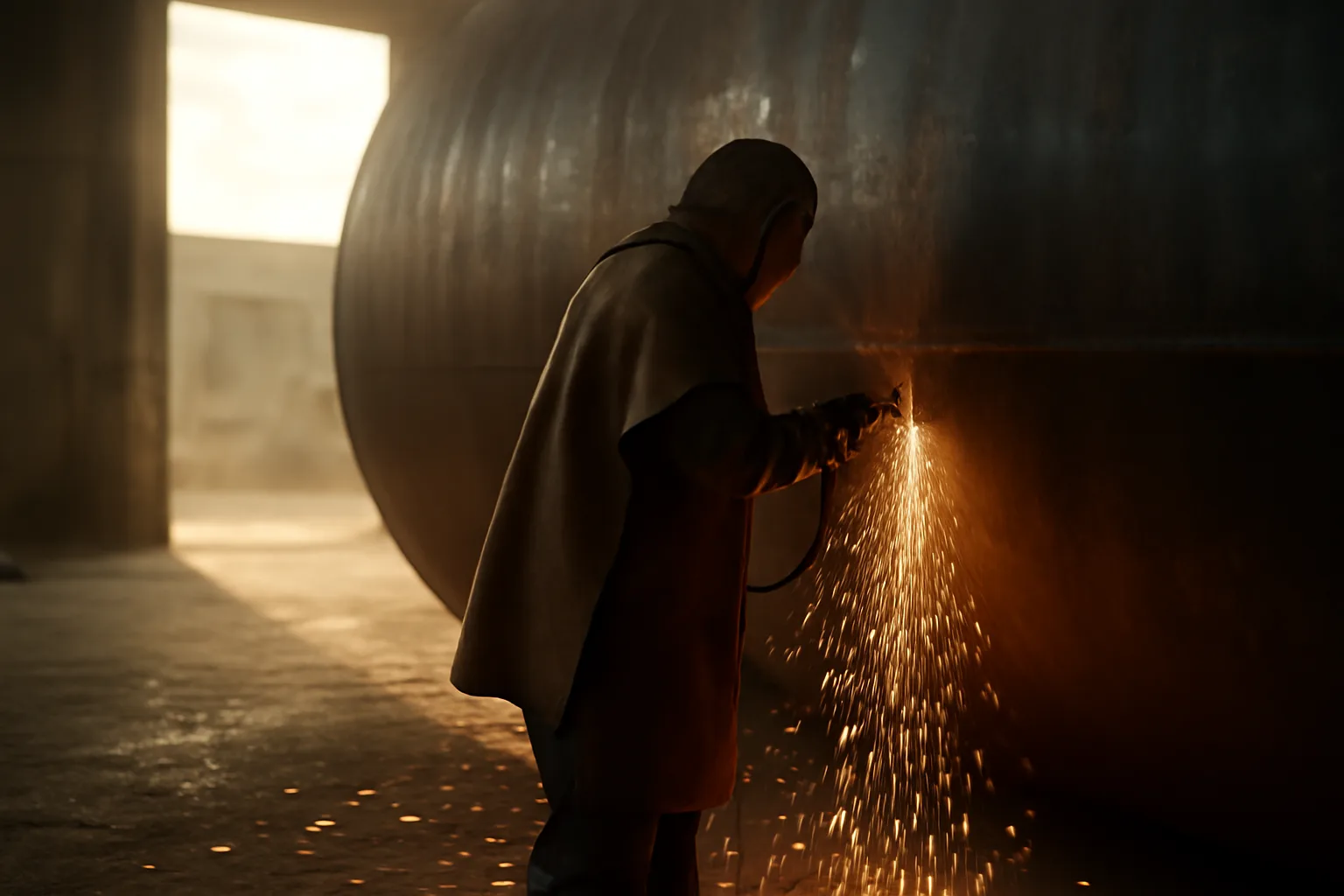 Boilermaker fitting a steel plate on a vessel in Georgia afternoon light