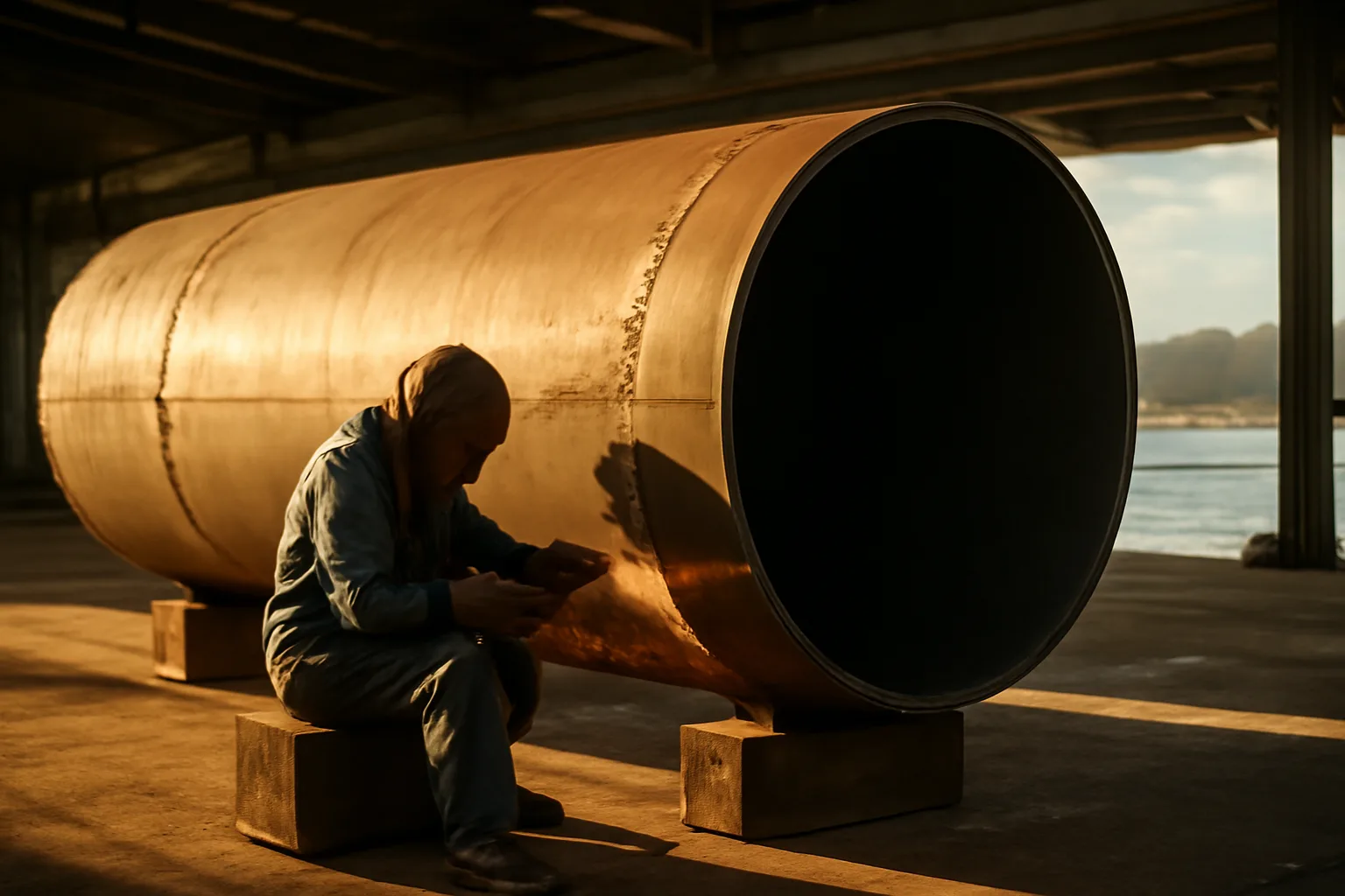 Worker grinding a steel vessel in an Oahu boilermaker bay