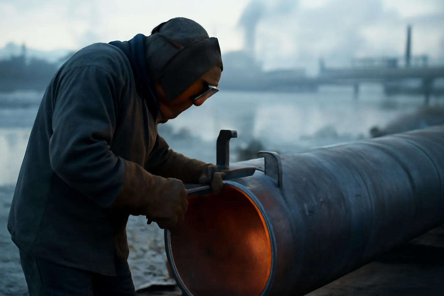 Boilermaker fitting a steel vessel shell in cold morning light