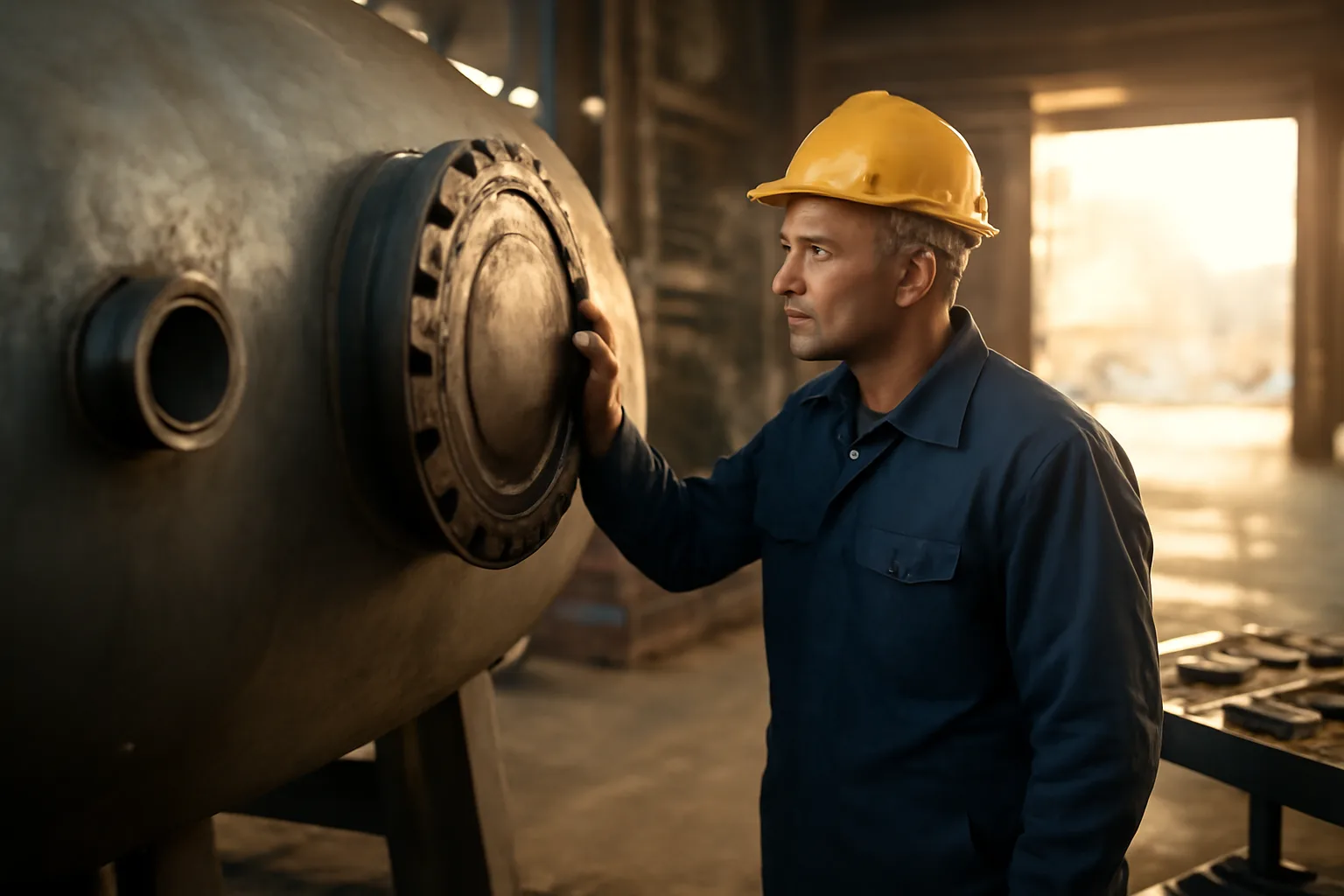 Boilermaker in hard hat inspecting a steel pressure vessel inside an Alabama industrial plant