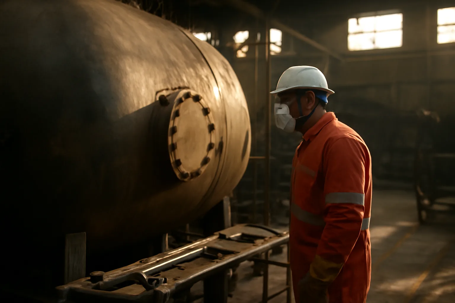 Boilermaker in PPE inspecting a pressure vessel at an Alaska industrial facility