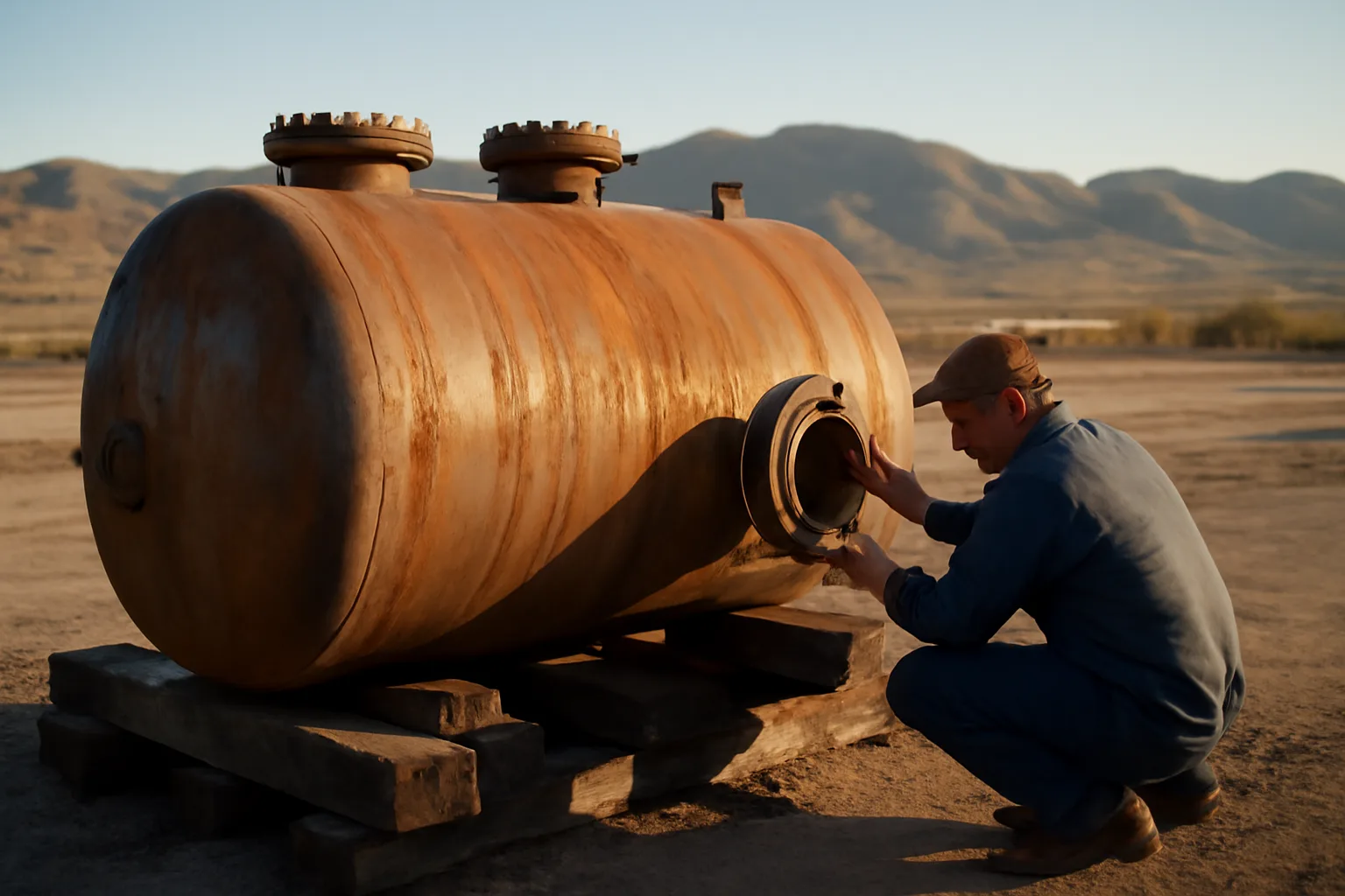 Boilermaker checks a steam drum in an Arizona plant yard