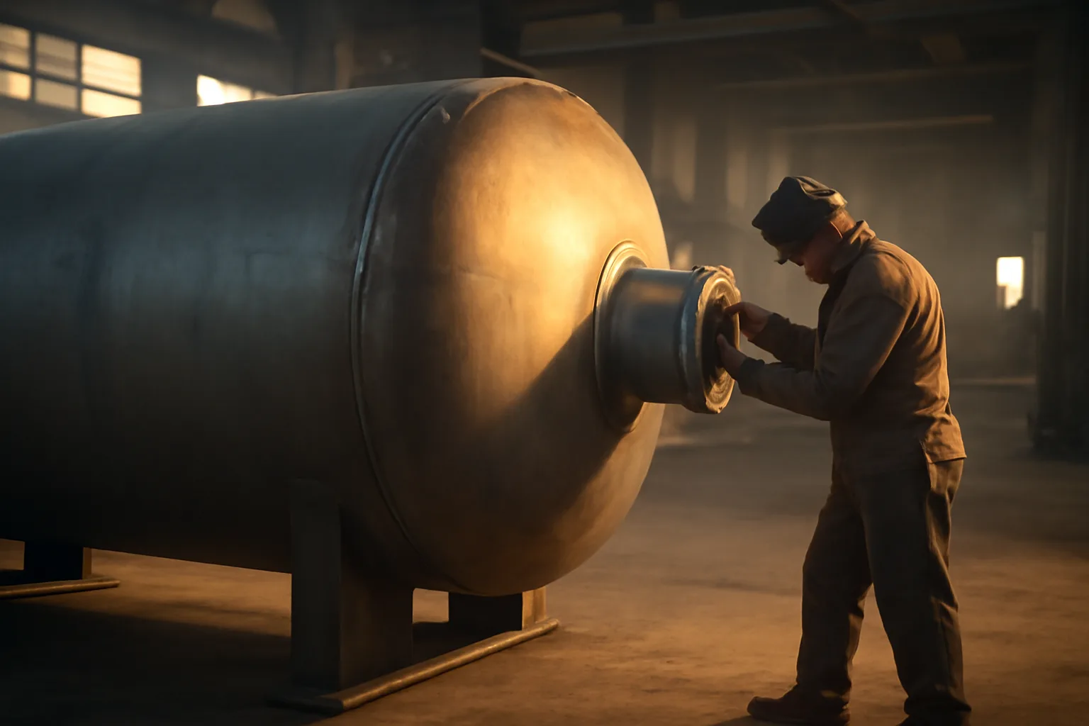 Boilermaker inspects a steel vessel in an Arkansas fabrication bay