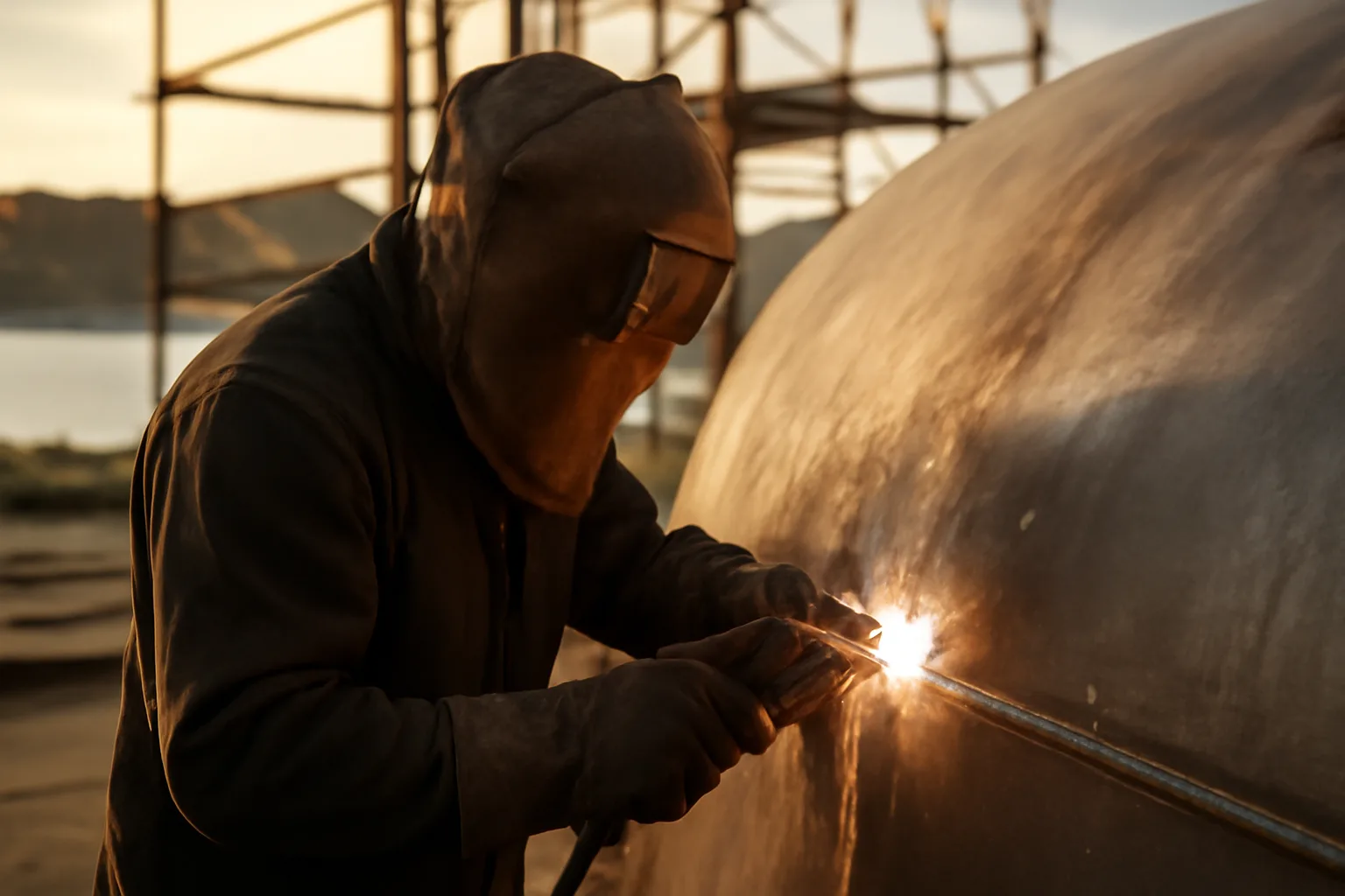 Boilermaker welding a steel vessel in a California industrial yard