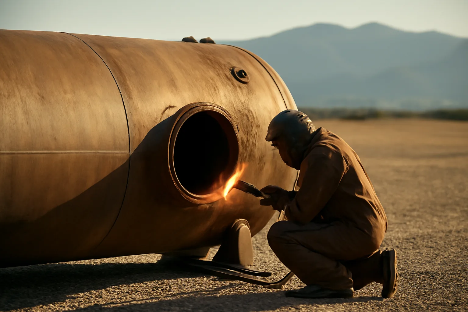 Boilermaker kneeling at a steam drum in a Colorado yard