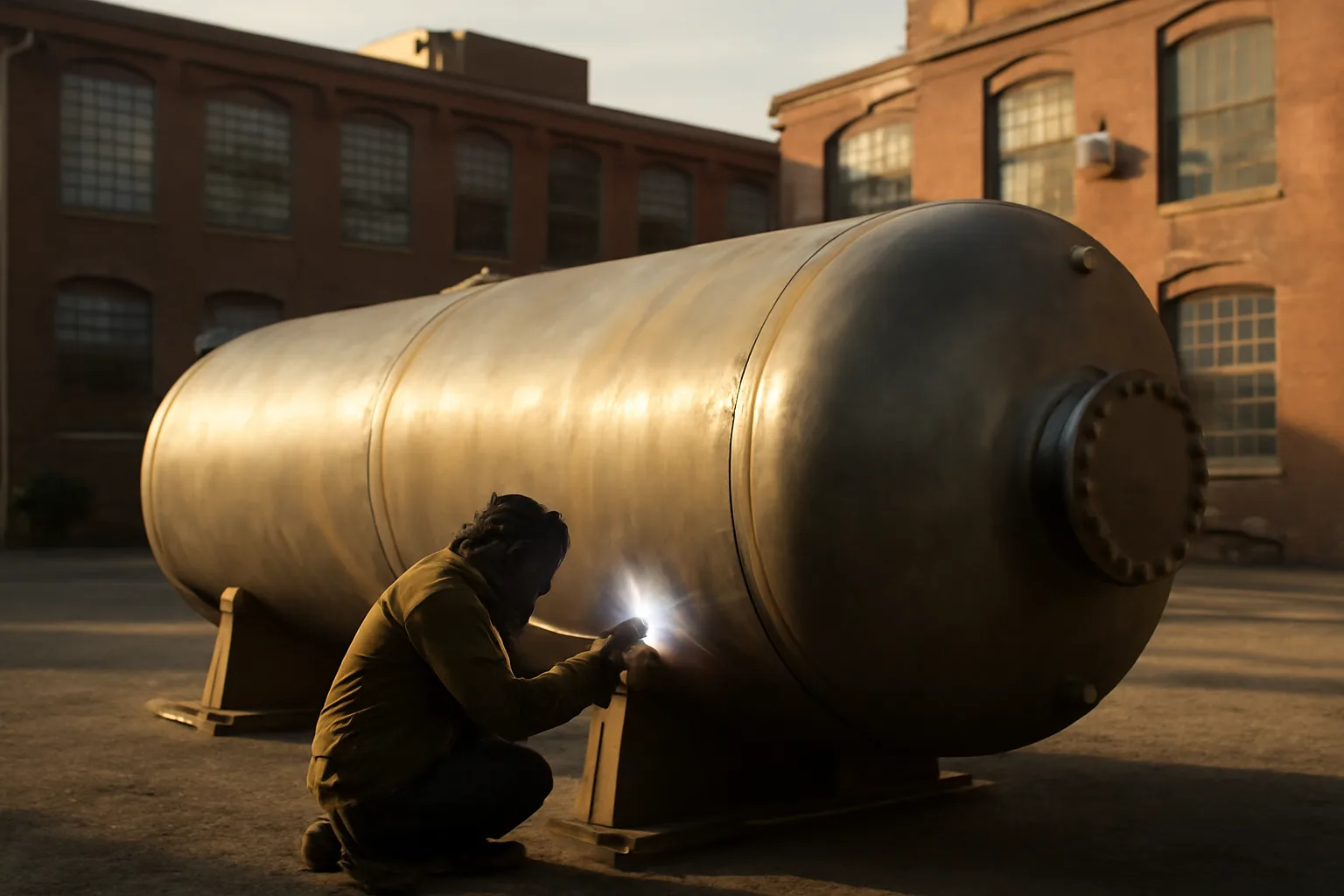 Welder crouched at a steel vessel on a Connecticut industrial job