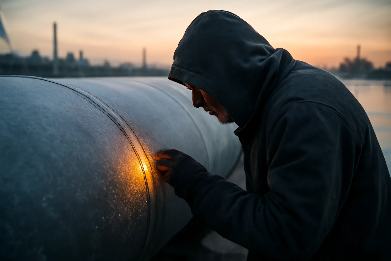 Boilermaker inspects a steel drum weld by a Delaware river