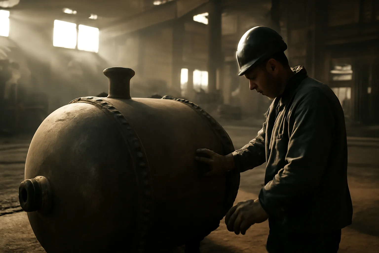 Florida boilermaker studies a steel pressure vessel at dawn
