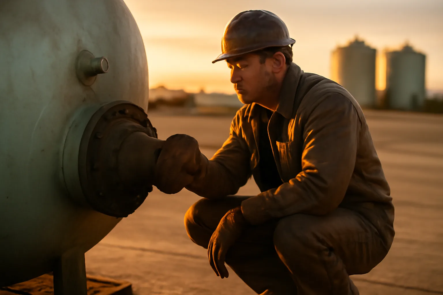 Boilermaker inspecting a steel pressure vessel in an Oahu yard
