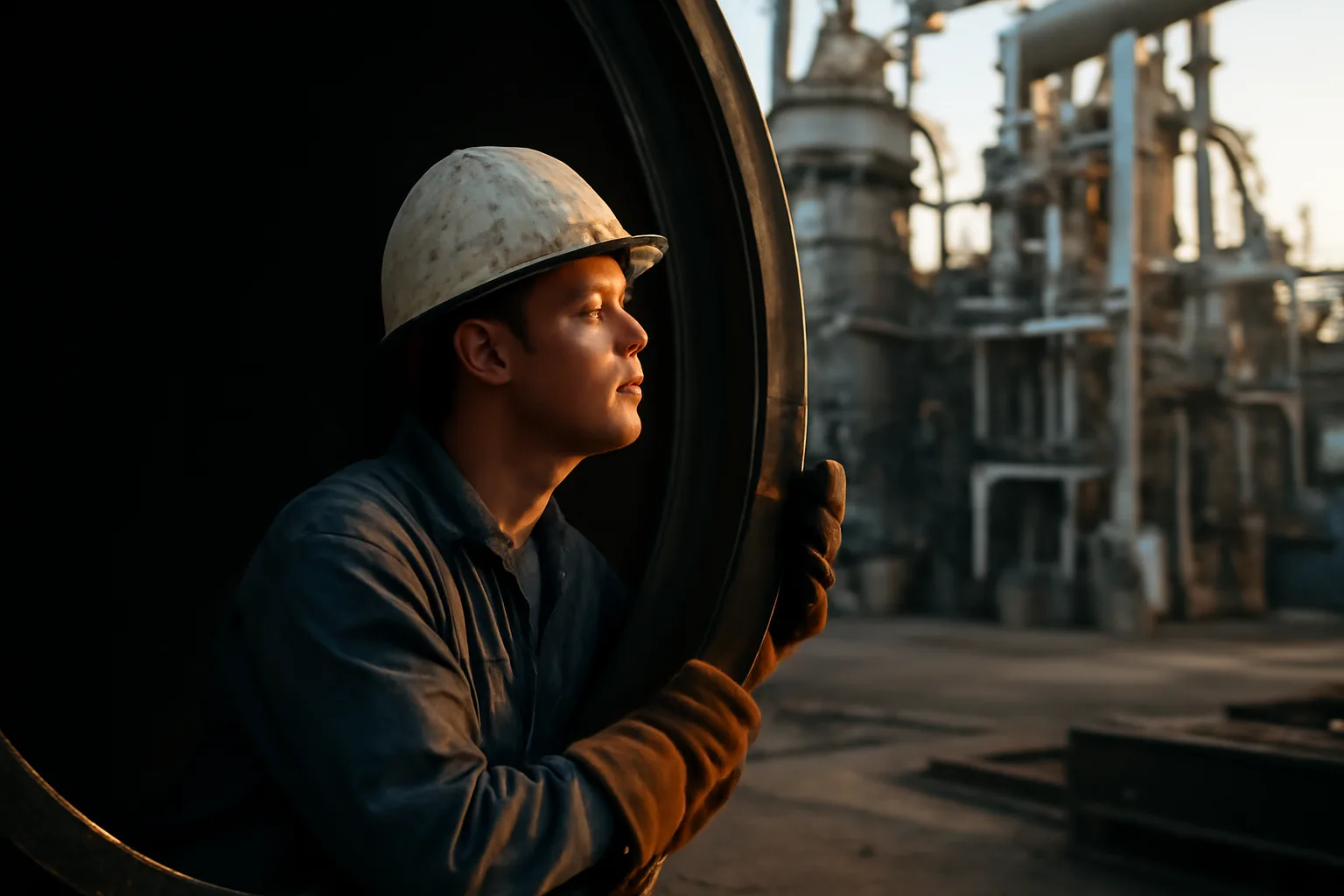 Boilermaker apprentice inspecting a steel pressure vessel at an Alabama industrial facility