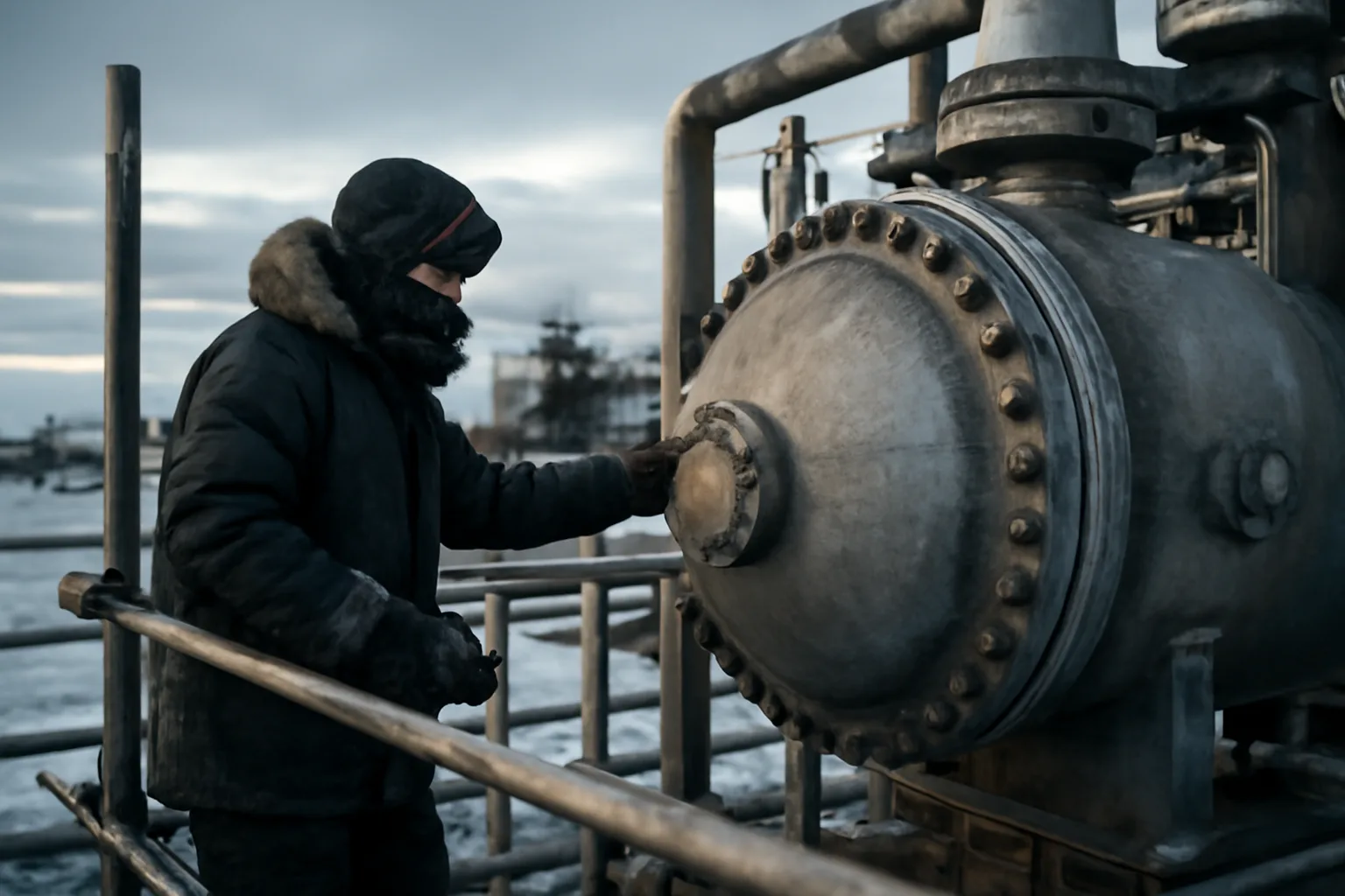 Boilermaker in cold weather gear inspecting a large pressure vessel at an Alaska industrial site