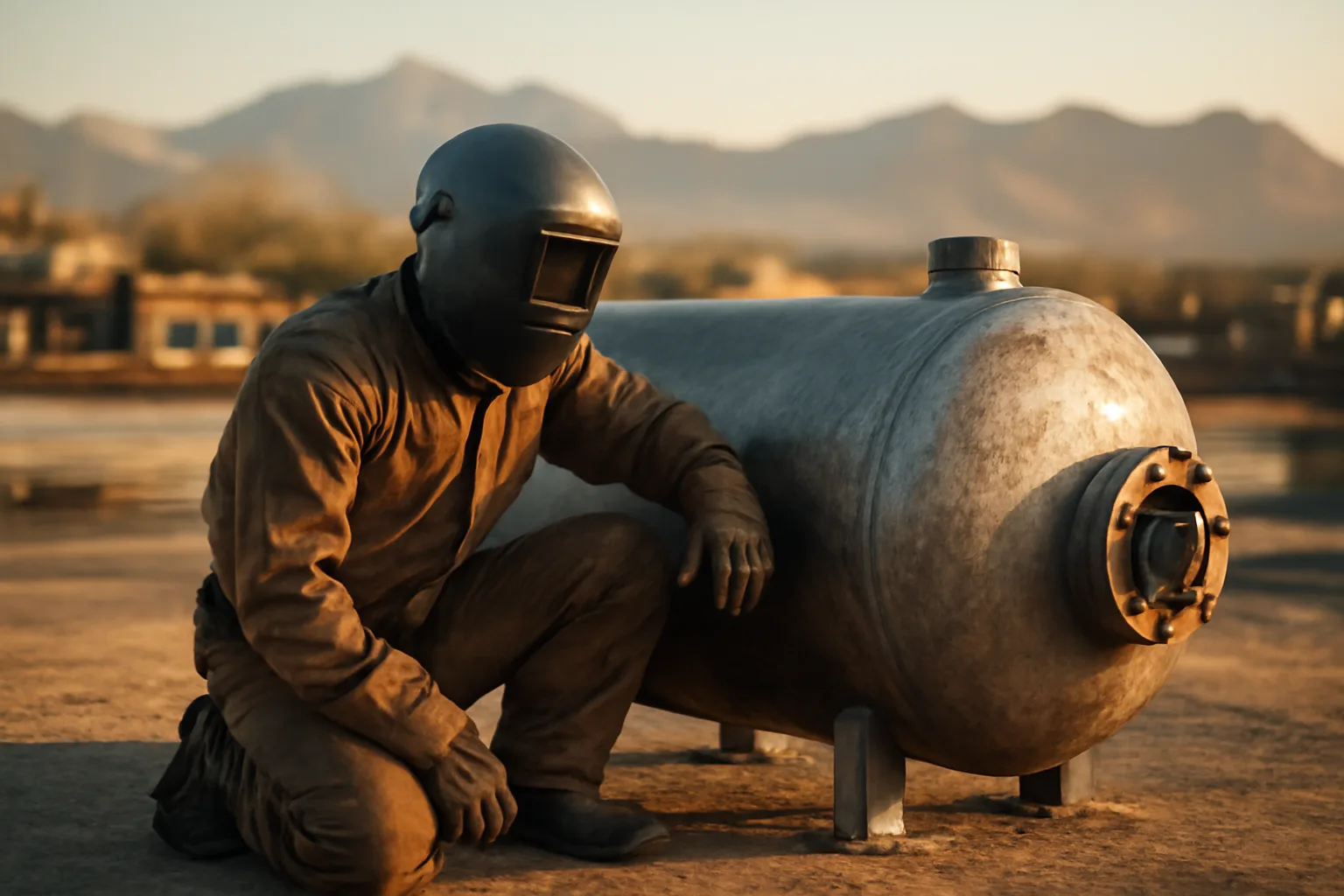 Boilermaker apprentice welding a steel pressure vessel at an Arizona industrial yard