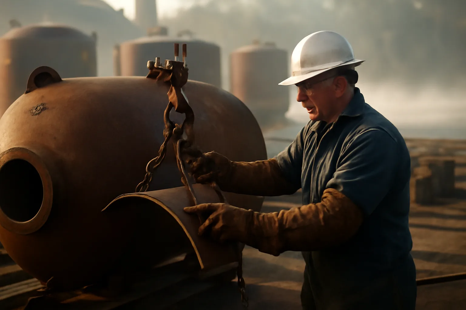 Boilermaker fitting a steel plate on a pressure vessel outdoors