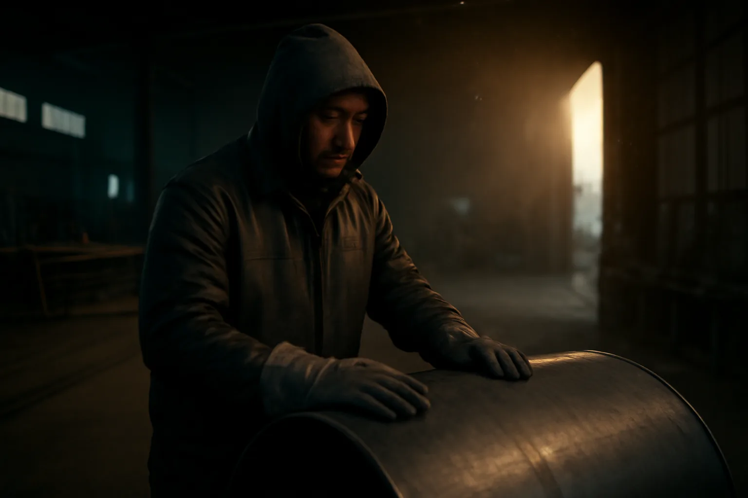 Boilermaker rests gloved hands on a steel drum in a shop