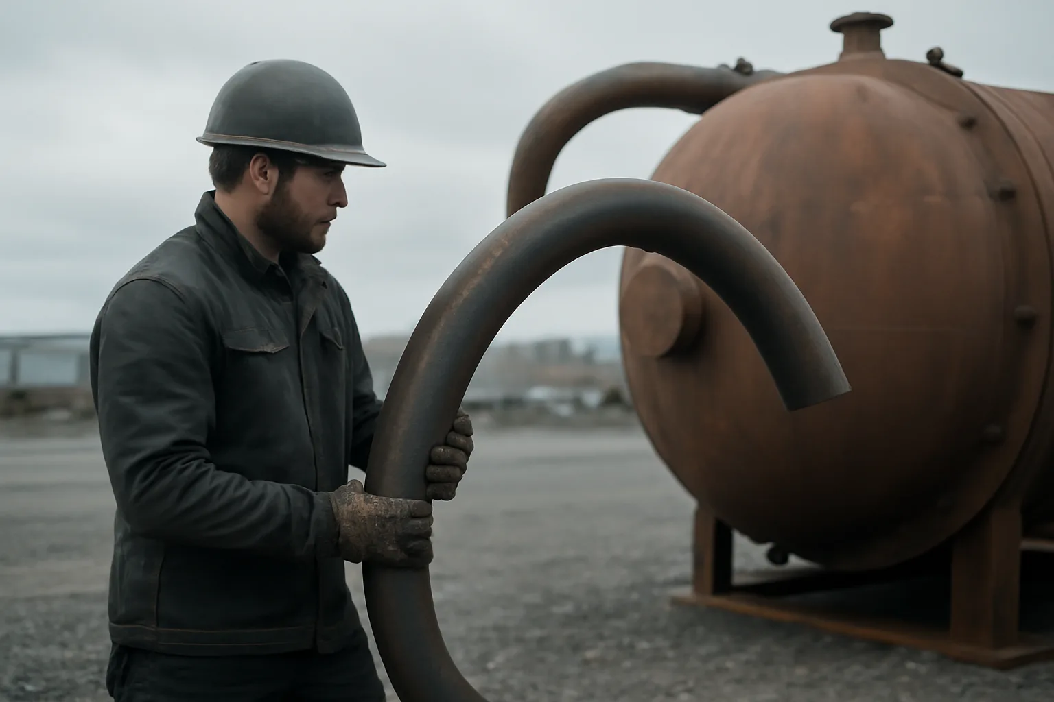 Boilermaker fitting a steel tube on a vessel in Connecticut