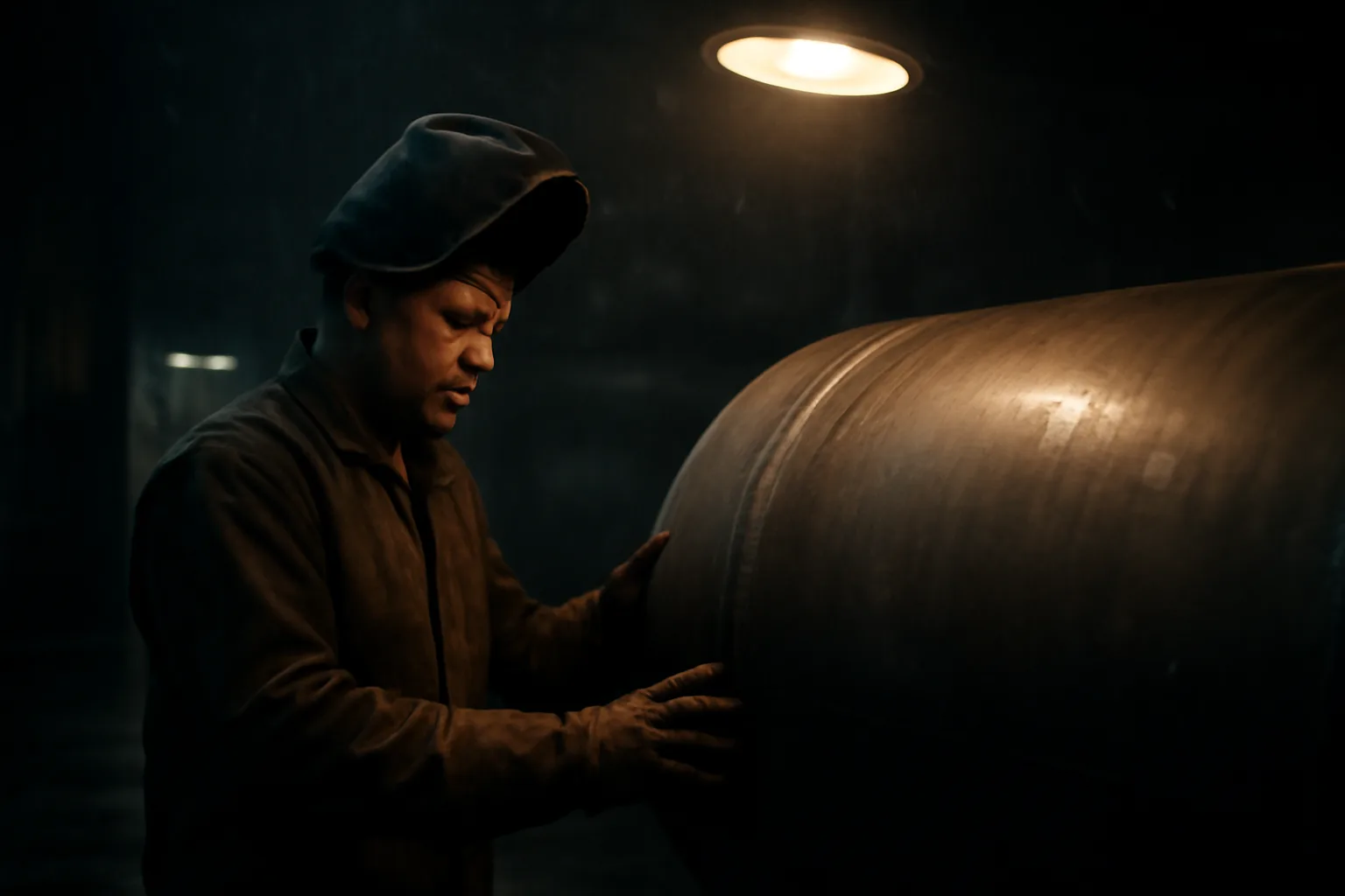 Boilermaker inspecting a steel drum weld in a Georgia shop