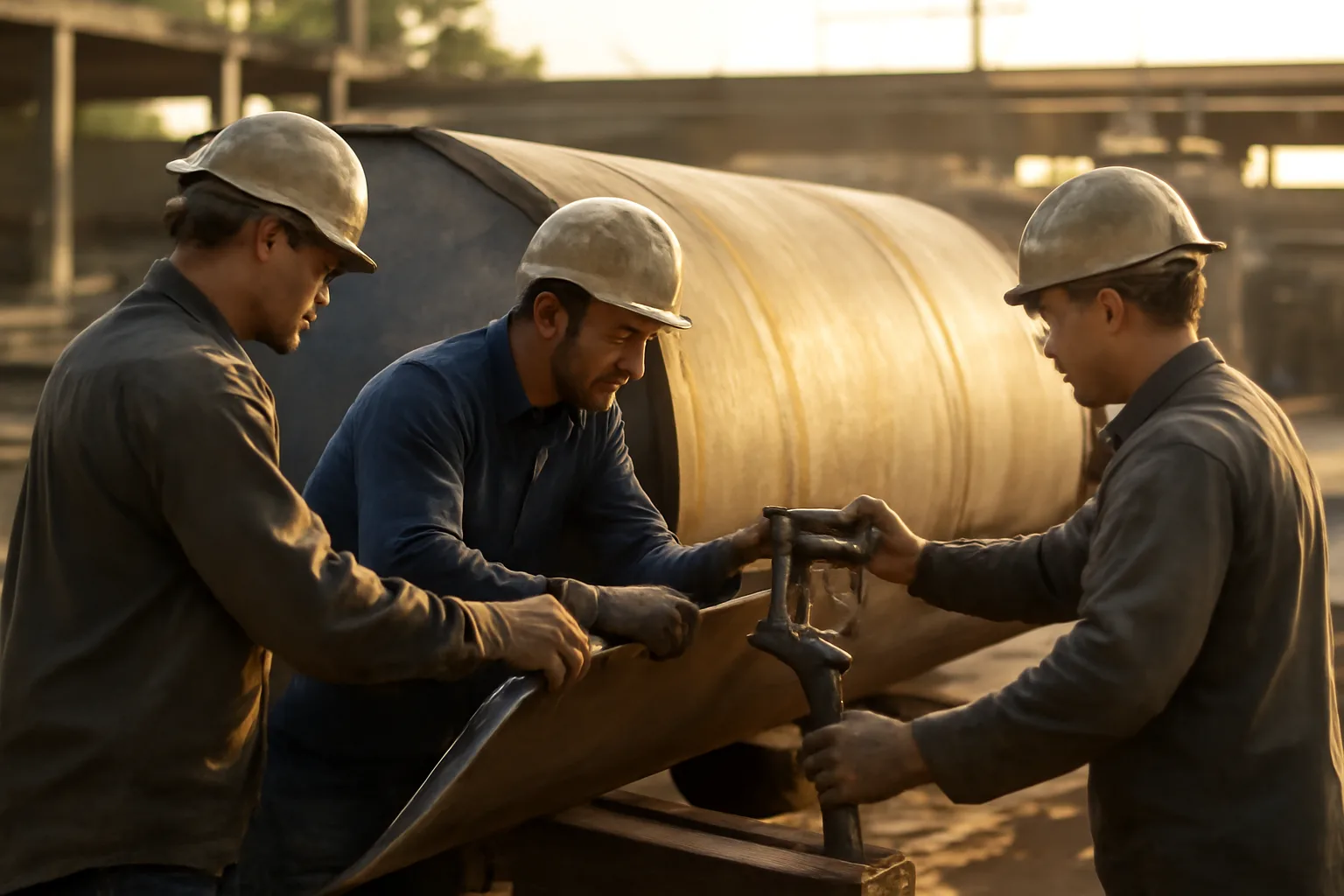 Boilermakers fit steel on a boiler drum in a Hawaii yard
