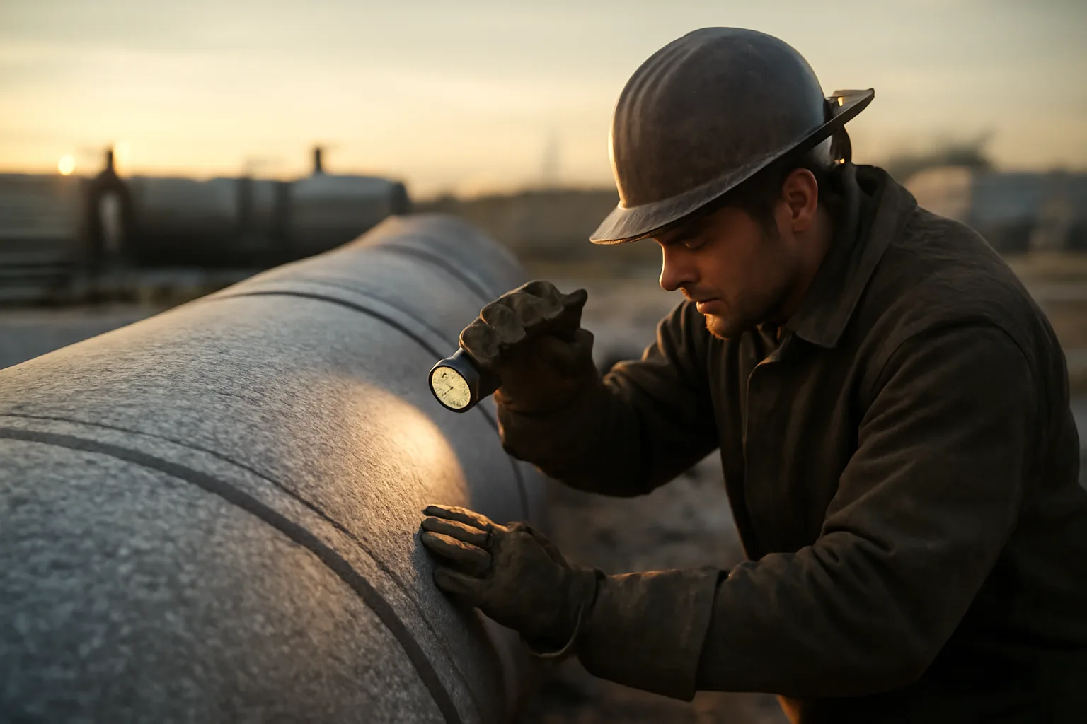 Boilermaker inspects a steel tank weld in an Idaho yard